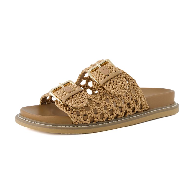 Cushionaire Weaver Summer Sandals For Women - Shiny Raffia Woven Slip On Womens Slides With Adjustable Buckle