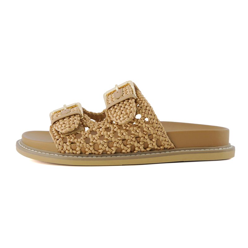 Cushionaire Weaver Summer Sandals For Women - Shiny Raffia Woven Slip On Womens Slides With Adjustable Buckle
