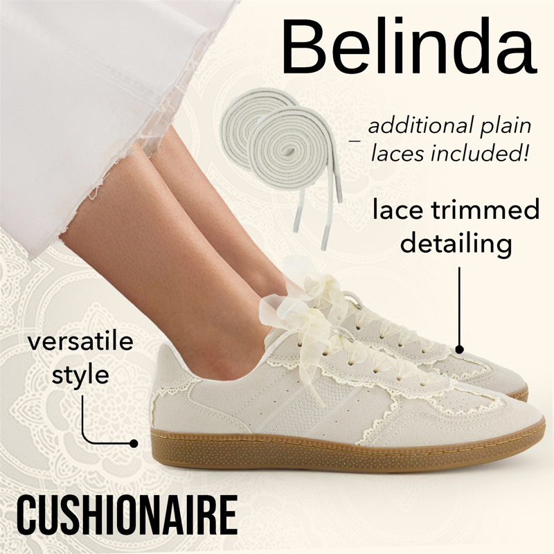 Cushionaire Women’s Belinda Lace Detail Casual Sneakers – Elegant Ribbon Lace-Up Shoes With Memory Foam Wide Widths Available