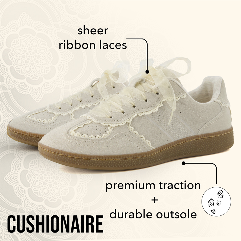 Cushionaire Women’s Belinda Lace Detail Casual Sneakers – Elegant Ribbon Lace-Up Shoes With Memory Foam Wide Widths Available