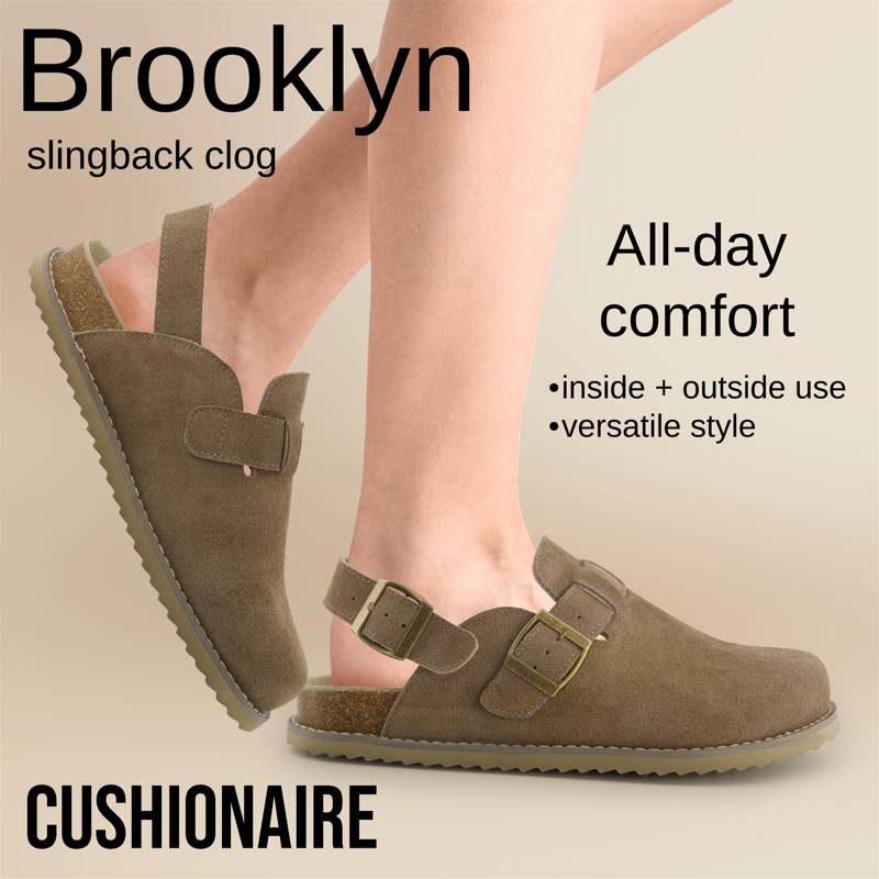 Cushionaire Women's Brooklyn Genuine Suede Clogs - Adjustable Slingback Clog Sandal With Buckle Memory Foam Cushioning Wide Widths Available