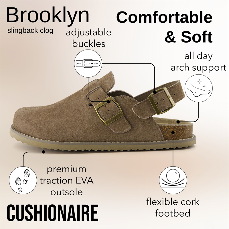 Cushionaire Women's Brooklyn Genuine Suede Clogs - Adjustable Slingback Clog Sandal With Buckle Memory Foam Cushioning Wide Widths Available