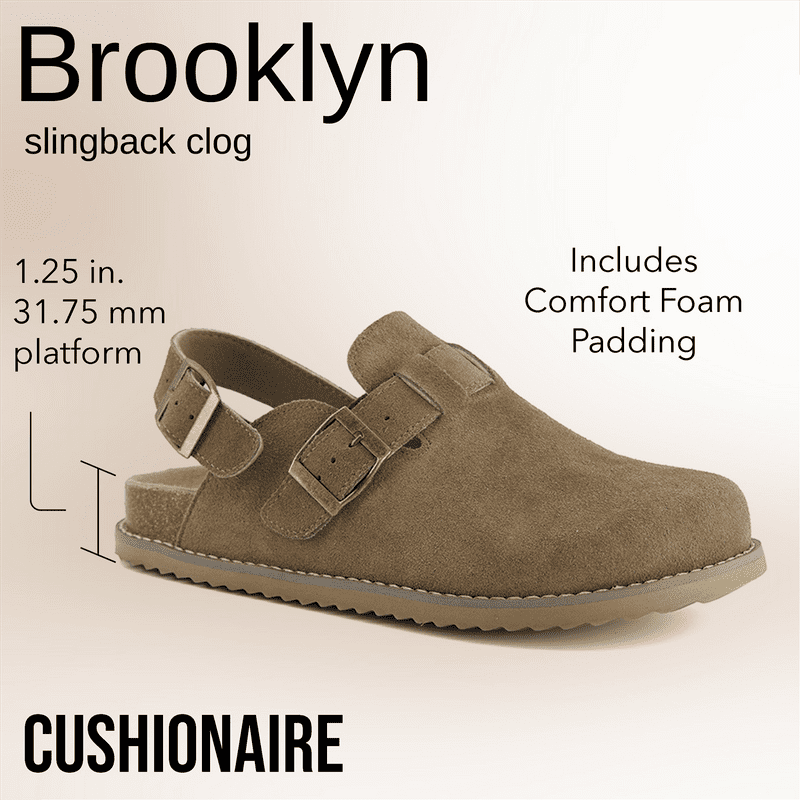 Cushionaire Women's Brooklyn Genuine Suede Clogs - Adjustable Slingback Clog Sandal With Buckle Memory Foam Cushioning Wide Widths Available