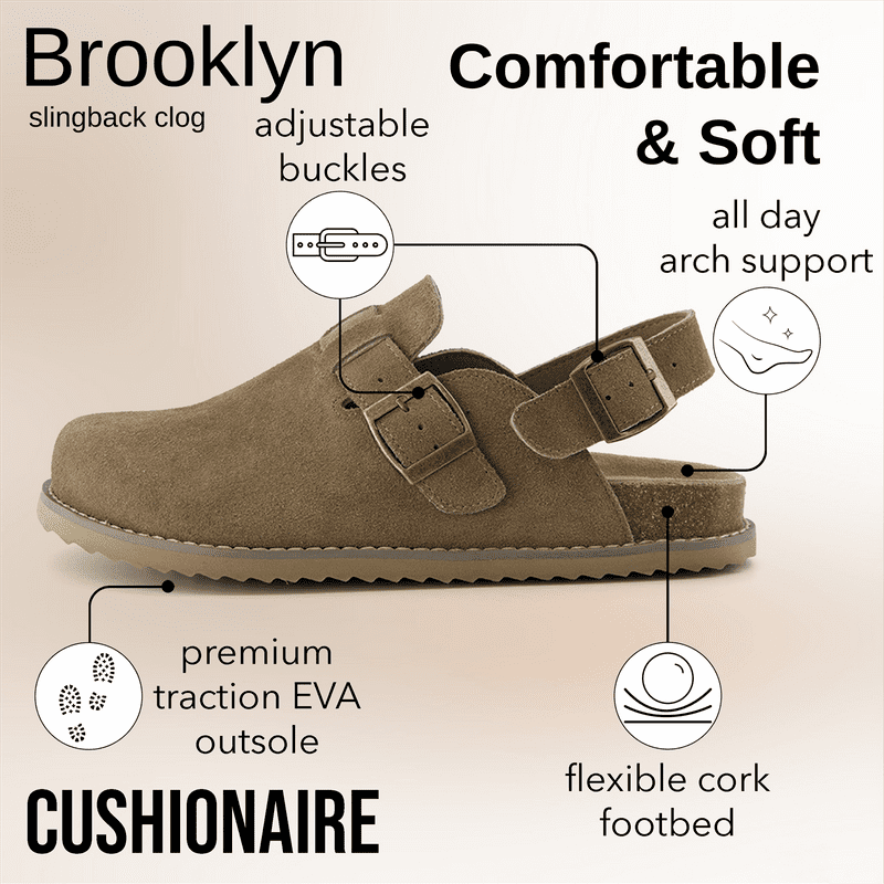 Cushionaire Women's Brooklyn Genuine Suede Clogs - Adjustable Slingback Clog Sandal With Buckle Memory Foam Cushioning Wide Widths Available