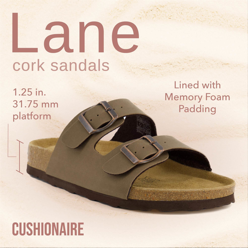 Cushionaire Women's Lane Cork Footbed Sandal – Comfortable Double Buckle Slip-On With Genuine Suede Footbed & Arch Support Slide Sandals For Women