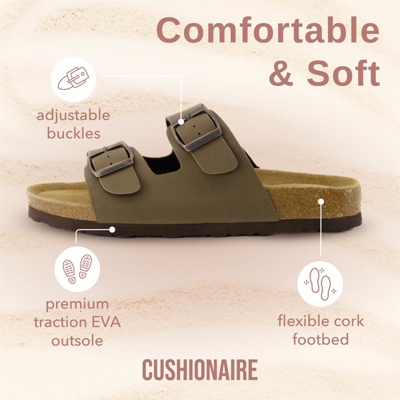 Cushionaire Women's Lane Cork Footbed Sandal – Comfortable Double Buckle Slip-On With Genuine Suede Footbed & Arch Support Slide Sandals For Women