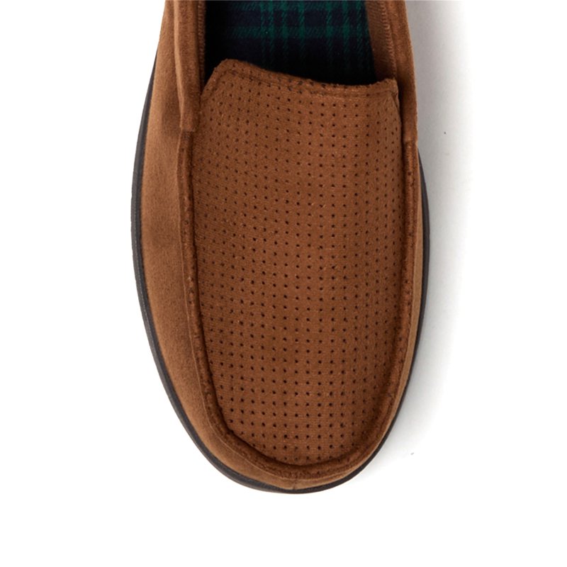 Dearfoams Cozy Comfort Men's Jason Perf Microsuede Moc With Plaid Sock Slippers