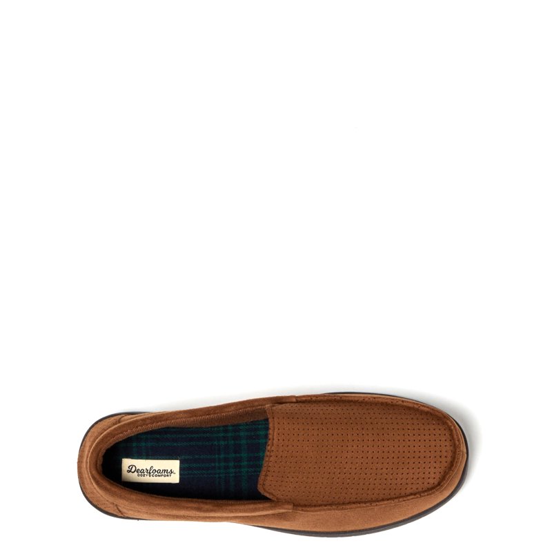 Dearfoams Cozy Comfort Men's Jason Perf Microsuede Moc With Plaid Sock Slippers