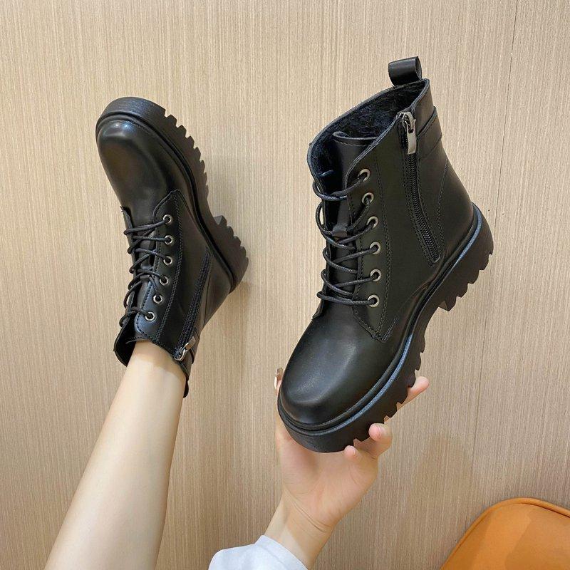 Dezsed Women's Boots Clearance Women Shoes Hasp Mid Heel Flat Bottom Zipper Laceing Mid Calf Boots Fashion Plus Velvet Leather Short Boots Black