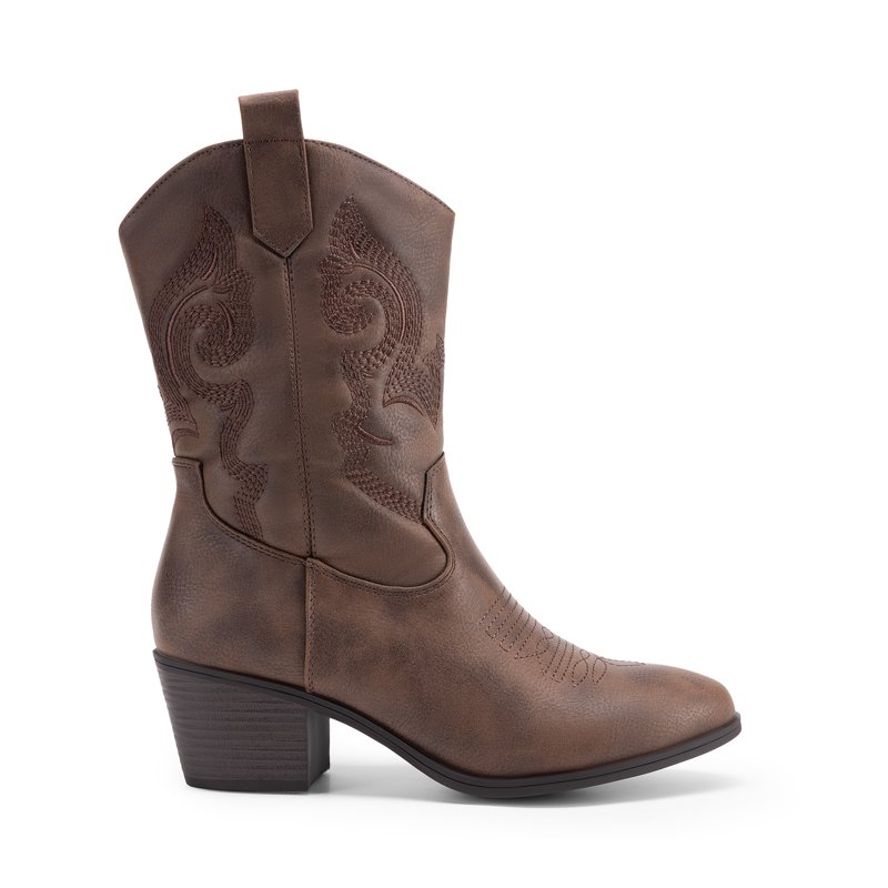 DREAM PAIRS Cowboy Boots For Women Mid Calf Cowgirl Boots With Embroidery Round Toe Western Chunky Low Heel Shoes