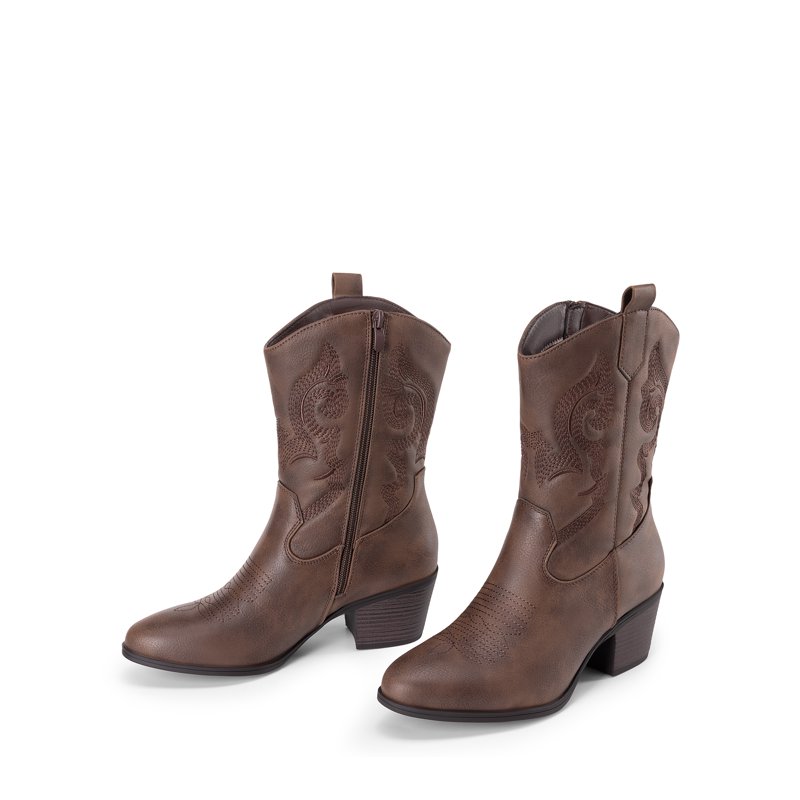 DREAM PAIRS Cowboy Boots For Women Mid Calf Cowgirl Boots With Embroidery Round Toe Western Chunky Low Heel Shoes