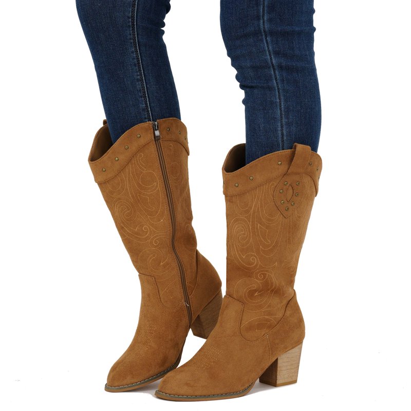 Ecetana Cowboy Boots For Women Mid Calf Cowgirl Boots Embroidered Western Boots With Chunky Heel