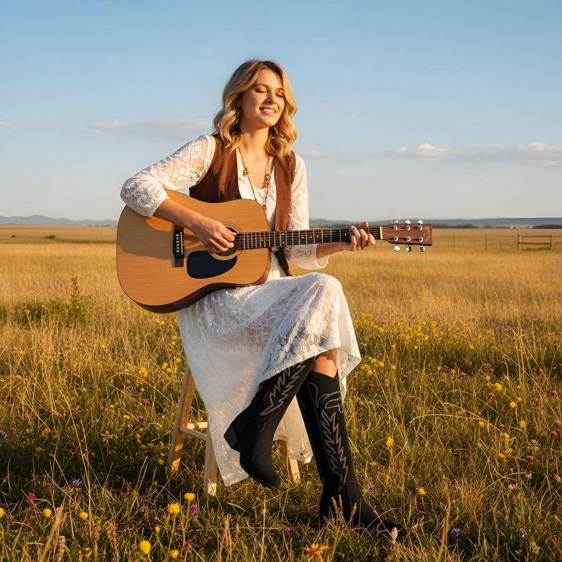 Ecetana Cowboy Boots For Women Wide Calf Cowgirl Boots With Classic Embroidered Chunky Heel Western Boots