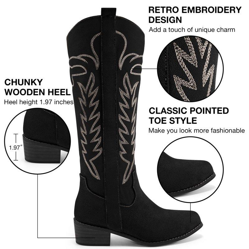 Ecetana Cowboy Boots For Women Wide Calf Cowgirl Boots With Classic Embroidered Chunky Heel Western Boots