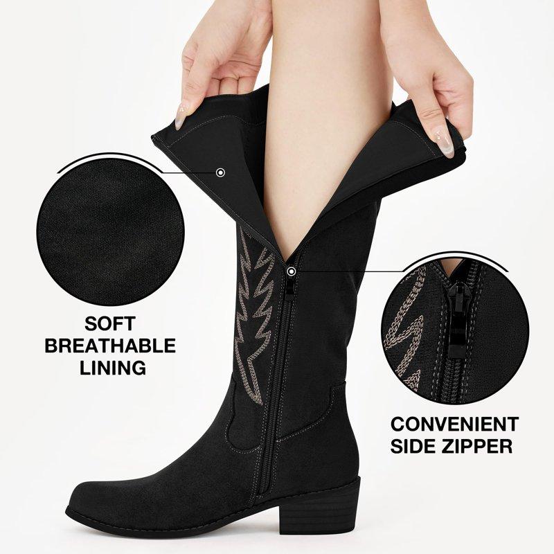 Ecetana Cowboy Boots For Women Wide Calf Cowgirl Boots With Classic Embroidered Chunky Heel Western Boots