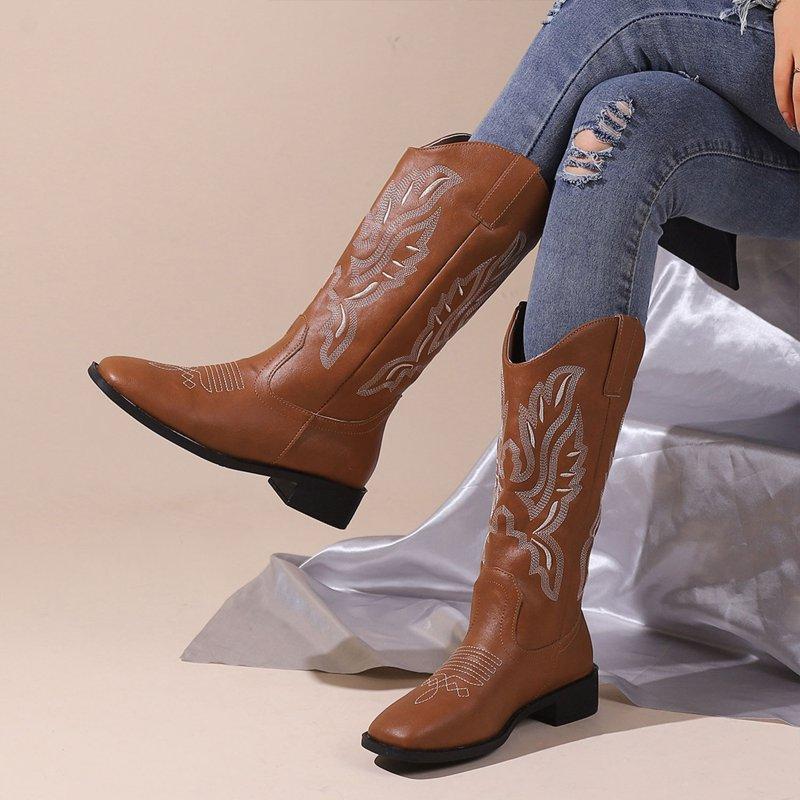 Ecetana Cowboy Boots For Women Wide Calf Square Toe Embroidered Western Cowgirl Boots