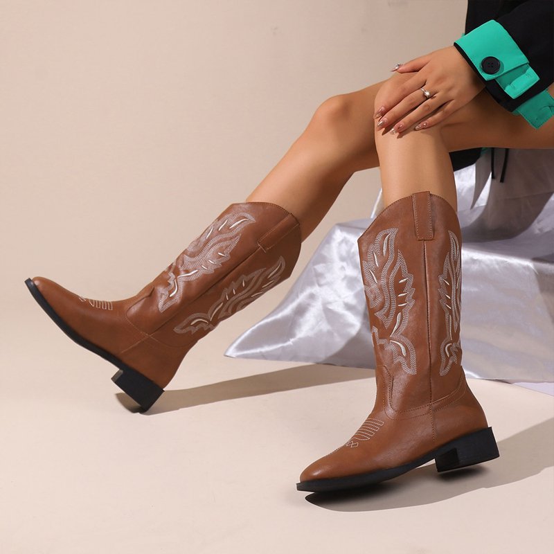 Ecetana Cowboy Boots For Women Wide Calf Square Toe Embroidered Western Cowgirl Boots
