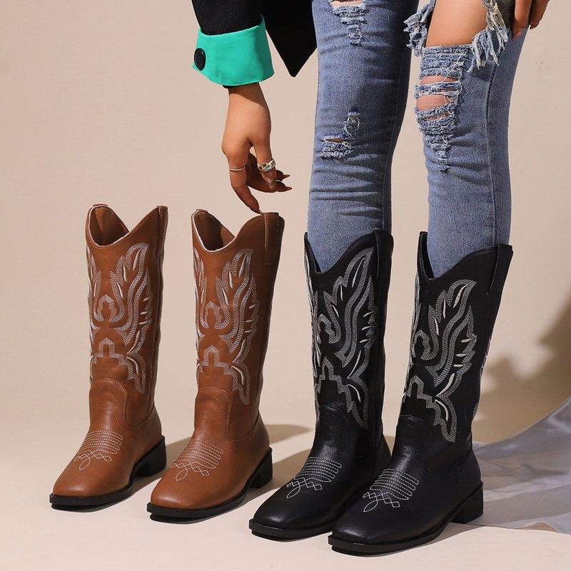 Ecetana Cowboy Boots For Women Wide Calf Square Toe Embroidered Western Cowgirl Boots