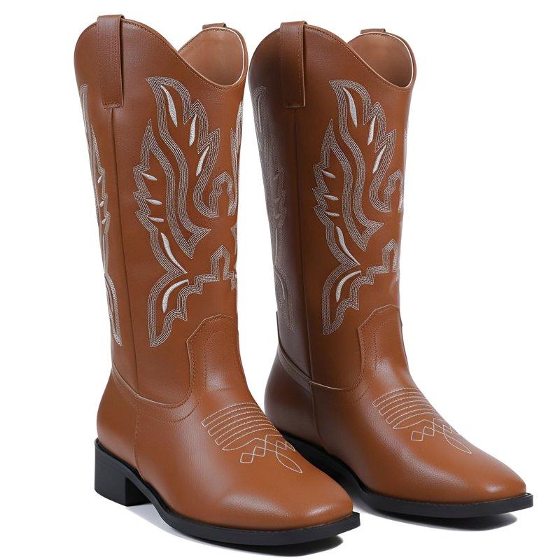 Ecetana Cowboy Boots for Women Wide Calf Square Toe Embroidered Western Cowgirl Boots