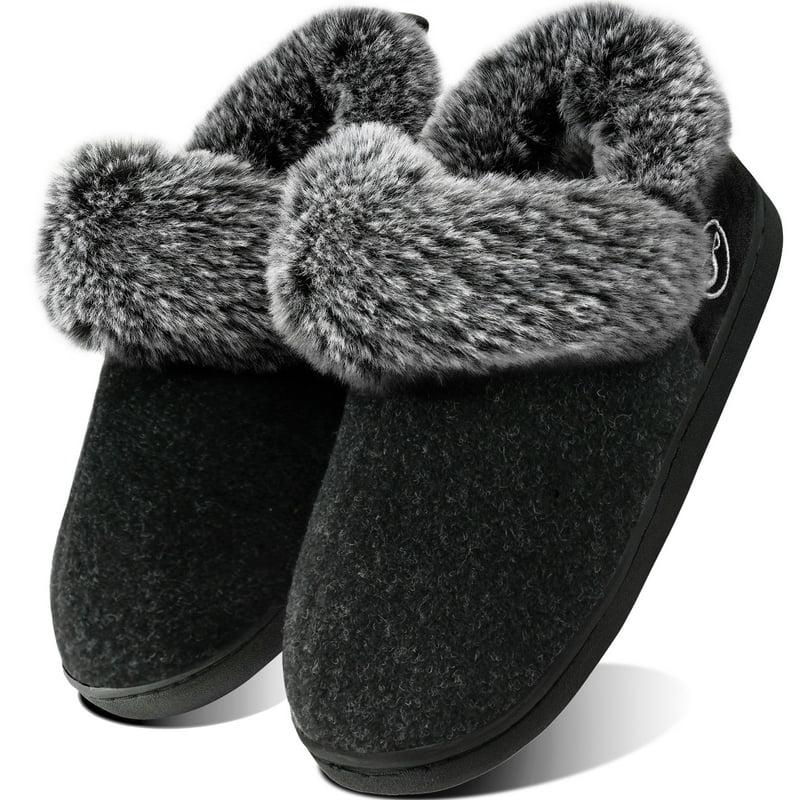 Ecetana Women's Fuzzy Memory Foam Closed Back Slippers Faux Fur Lined House Shoes