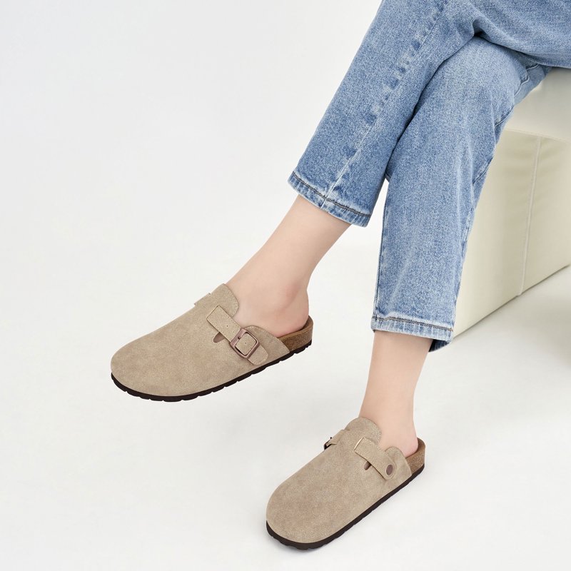 Ecetana Women's Suede Clogs & Mules Cork Footbed Slip On Leather Mules With Arch Support