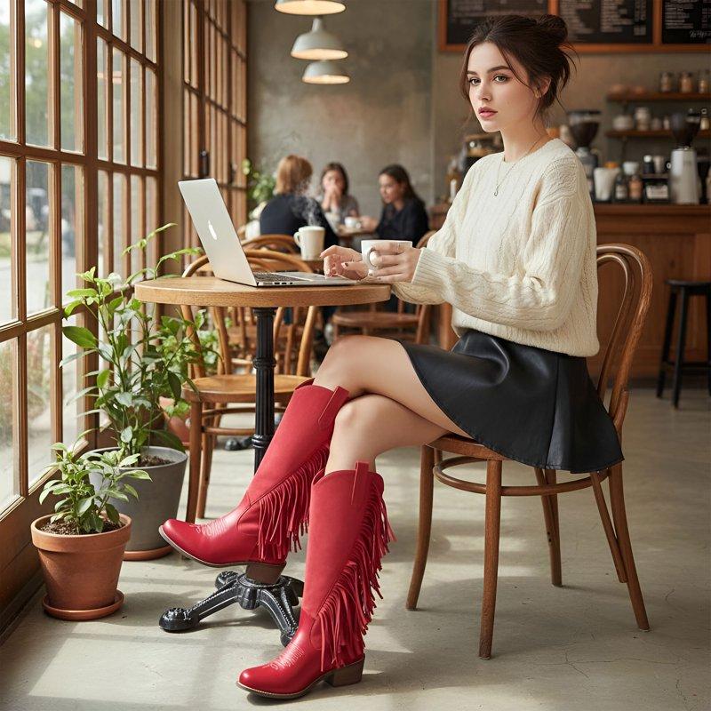 Ecetana Womens Cowboy Boots Chunky Heel Wide Calf Booties Tassel Western Boots For Women