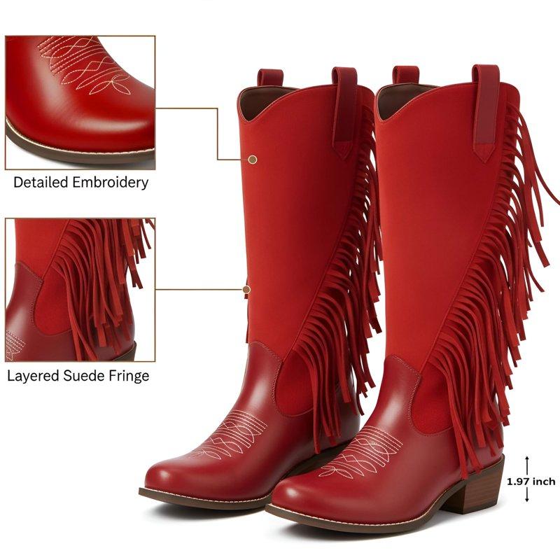 Ecetana Womens Cowboy Boots Chunky Heel Wide Calf Booties Tassel Western Boots For Women