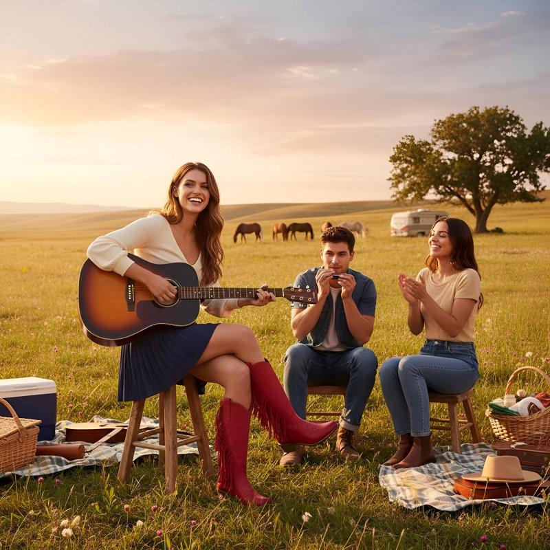 Ecetana Womens Cowboy Boots Chunky Heel Wide Calf Booties Tassel Western Boots For Women