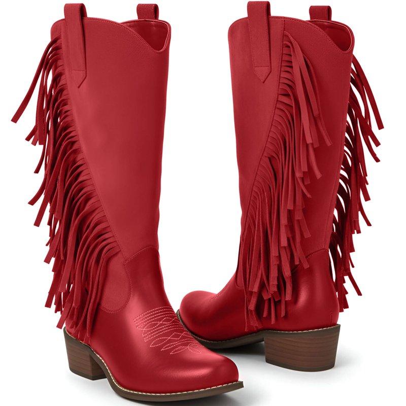 Ecetana Womens Cowboy Boots Chunky Heel Wide Calf Booties Tassel Western Boots for Women