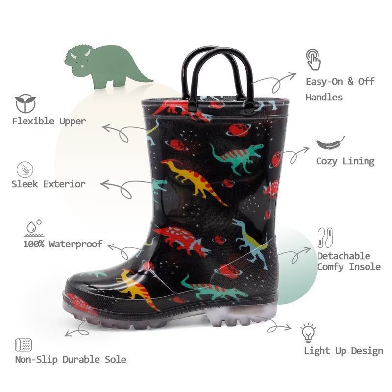 EUXTERPA Boys Black Dinosaur Rain Boots Toddler Kids Light Up Waterproof Boots With Handles Toddler Size 10