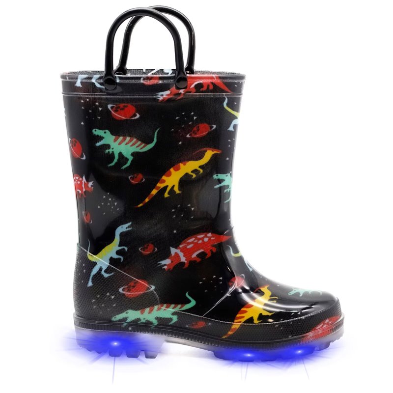 EUXTERPA Boys Black Dinosaur Rain Boots Toddler Kids Light Up Waterproof Boots with handles Toddler Size 10