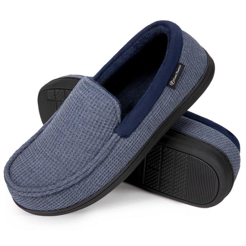 EverFoams Men's Comfort Memory Foam Moccasin Slippers Breathable Terry Cloth House Shoes with Anti-Skid Rubber Sole