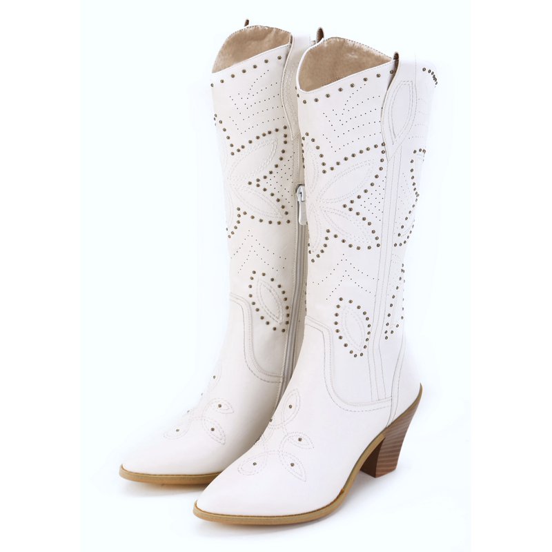 Ferwind Women's Cowboy Boots Western Knee-High Stiches And Studded Female Adult Off-White 10