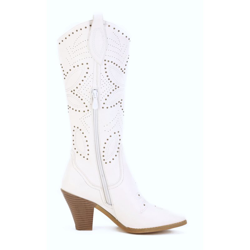 Ferwind Women's Cowboy Boots Western Knee-High Stiches And Studded Female Adult Off-White 10
