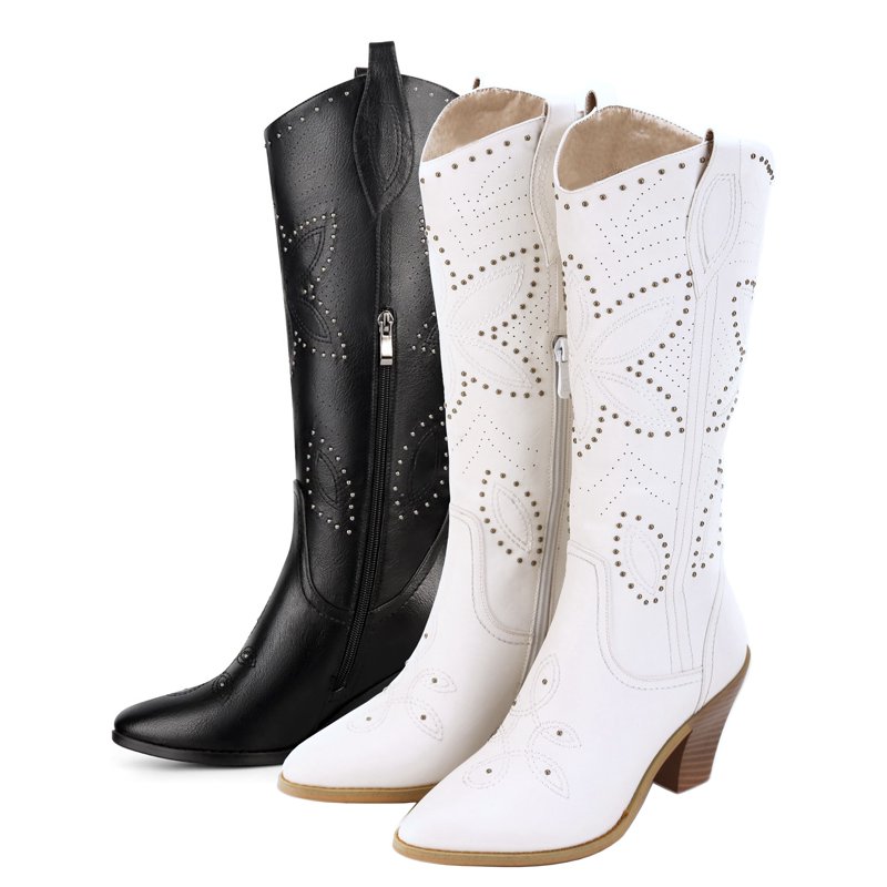 Ferwind Women's Cowboy Boots Western Knee-High Stiches and Studded Female Adult Off-White 10