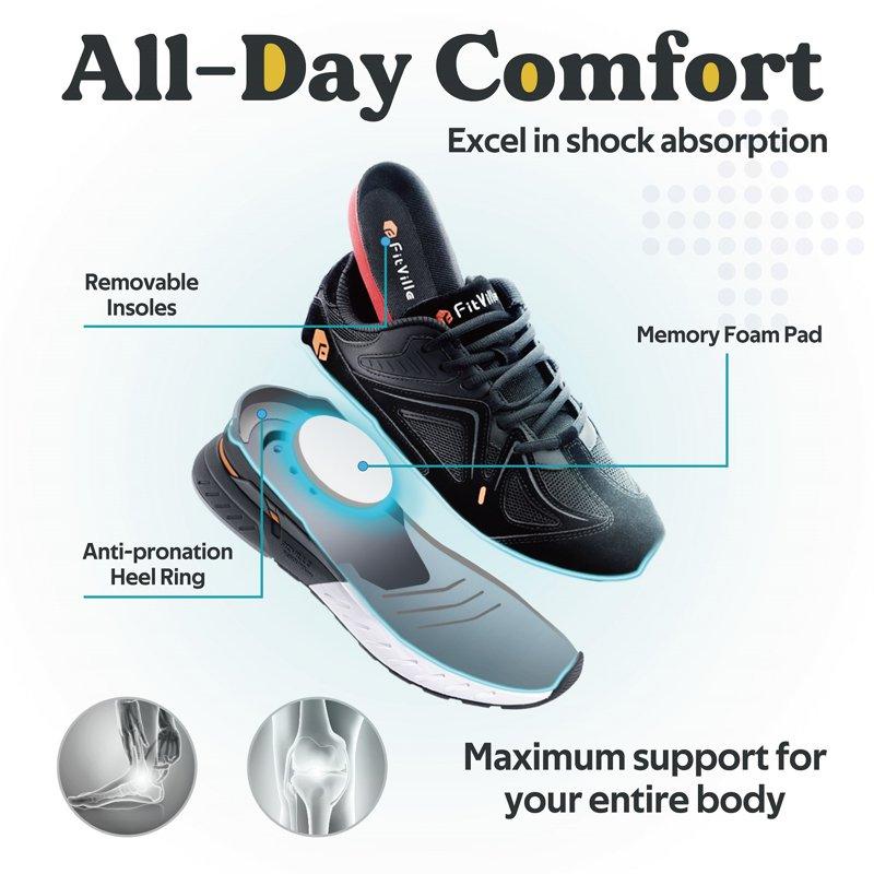 FitVille Extra Wide Mens Walking Shoes Sneakers With Arch Support For Swollen Foot Black 10.5 X-Wide