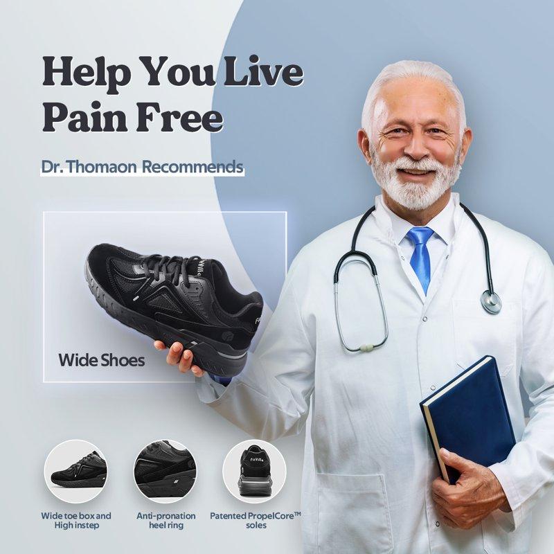 FitVille Extra Wide Mens Walking Shoes With Arch Support Sneakers For Men All Black 10.5 X-Wide