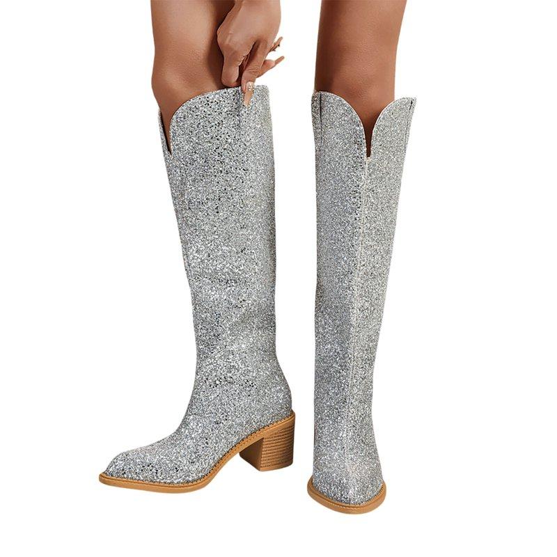 Gyexs Knee High Cowboy Boots Women Sparkly Rhinestones Western Cowgirl Style Boots Heels Glitter Sequin Party Shoes Silver Size 6.5