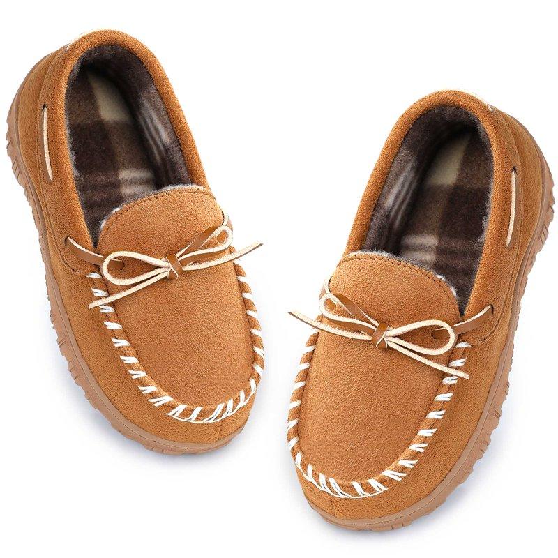 HOMEHOT Boys Slippers Comfy Memory Foam House Shoes Slip On Moccasin Slippers For Toddler Little Big Kids Beige Big Kid 2