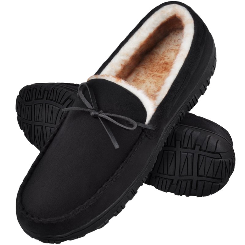 HOMEHOT Mens Slippers Moccasins House Shoes With Memory Foam Non-Slip Rubber Sole Black Size 11 US