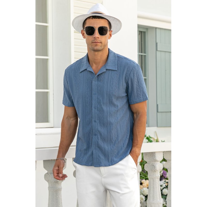 Iceglad Men's Casual Button Down Shirts Short Sleeve Shirts Vacation Beach Summer Hollow Out Tops