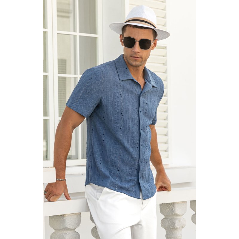 Iceglad Men's Casual Button Down Shirts Short Sleeve Shirts Vacation Beach Summer Hollow Out Tops