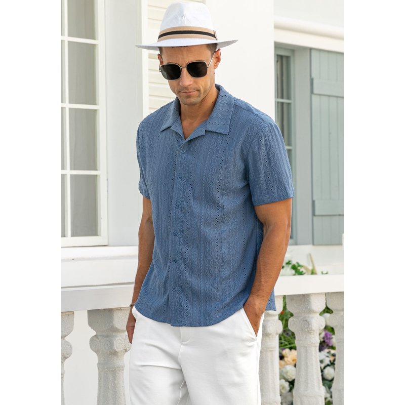 Iceglad Men's Casual Button Down Shirts Short Sleeve Shirts Vacation Beach Summer Hollow Out Tops