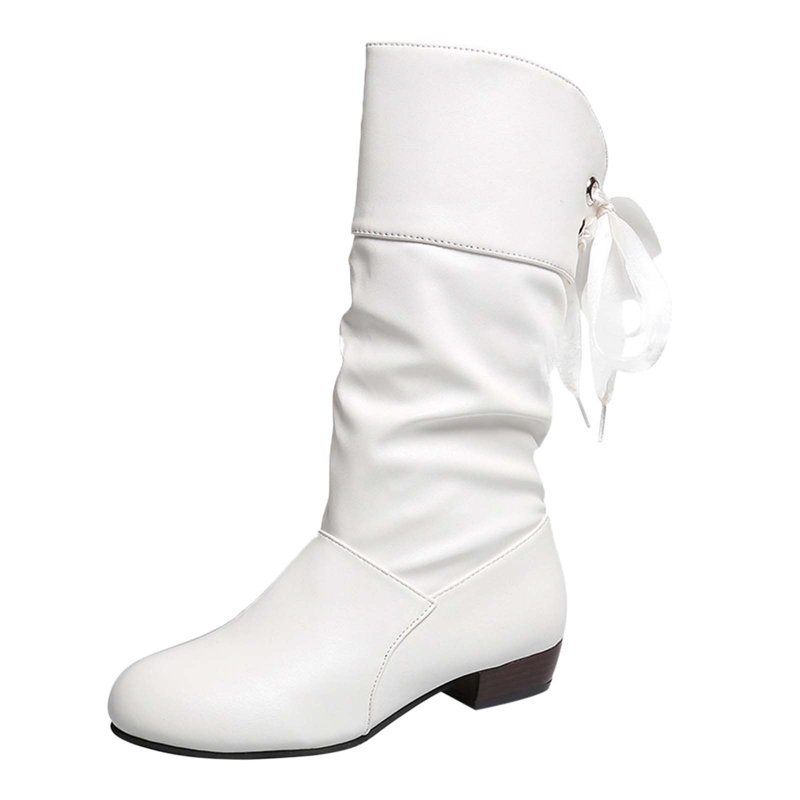 Itsun Cowboy Boots For Women Women's Slouchy Mid Calf Knight Boots Low Heel Round Head Warm Mid Sleeve Snow Boots White