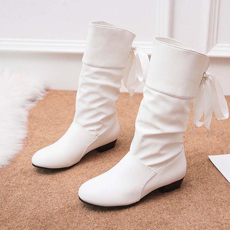 Itsun Cowboy Boots For Women Women's Slouchy Mid Calf Knight Boots Low Heel Round Head Warm Mid Sleeve Snow Boots White