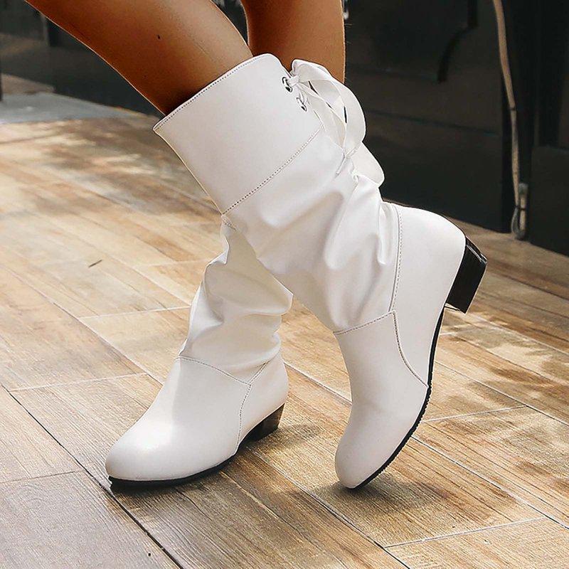 Itsun Cowboy Boots for Women Women's Slouchy Mid Calf Knight Boots Low Heel Round Head Warm Mid Sleeve Snow Boots White