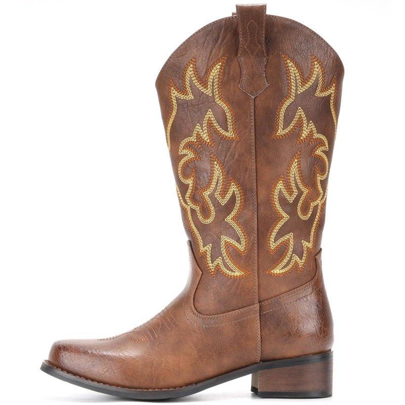 IUV Cowboy Boots For Women Square Toe Cowgirl Boots Mid Calf Western Boots Pull On Fashion Cowboy Boots