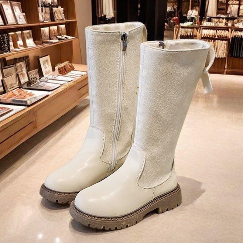 KPOPLK Girl's Glitter Riding Boots Knee High Boots Lace Up Side Zip Tall Boots For Toddler/Little Kid/Big Kid(12 M64-White)