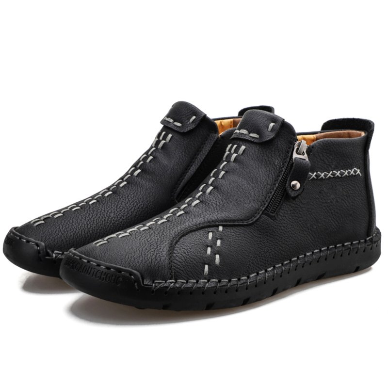 LASUDRAA Mens Ankle Boots Leather Casual Fashion Loafers Shoes Side Zipper Boots Hand Stitching