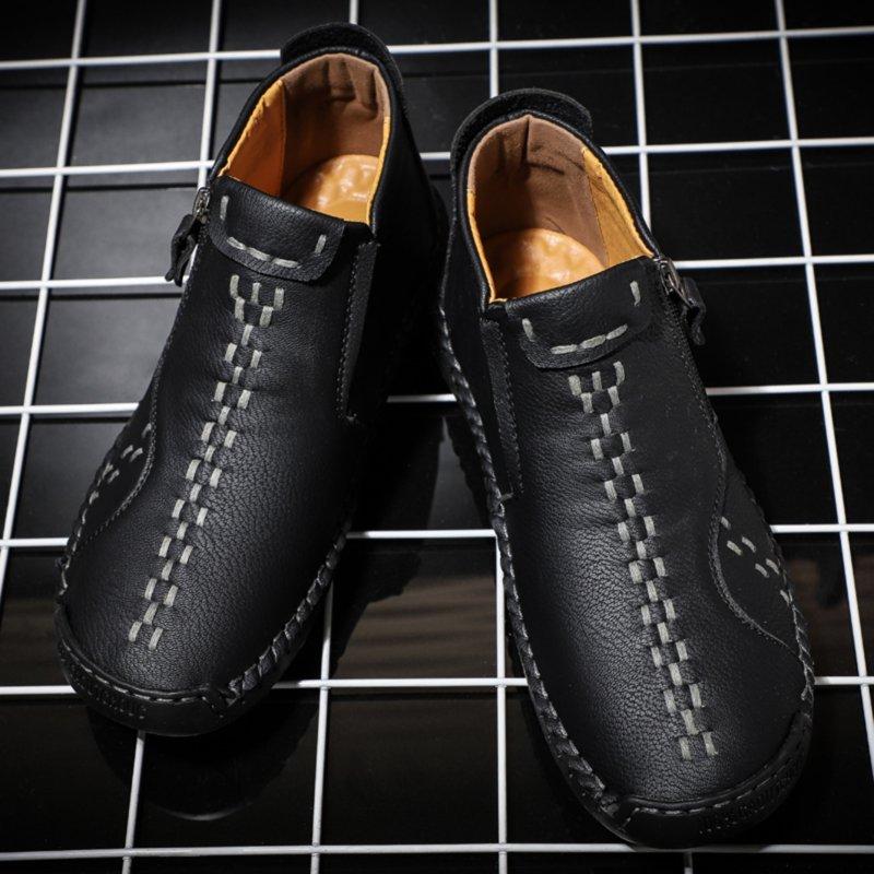 LASUDRAA Mens Ankle Boots Leather Casual Fashion Loafers Shoes Side Zipper Boots Hand Stitching